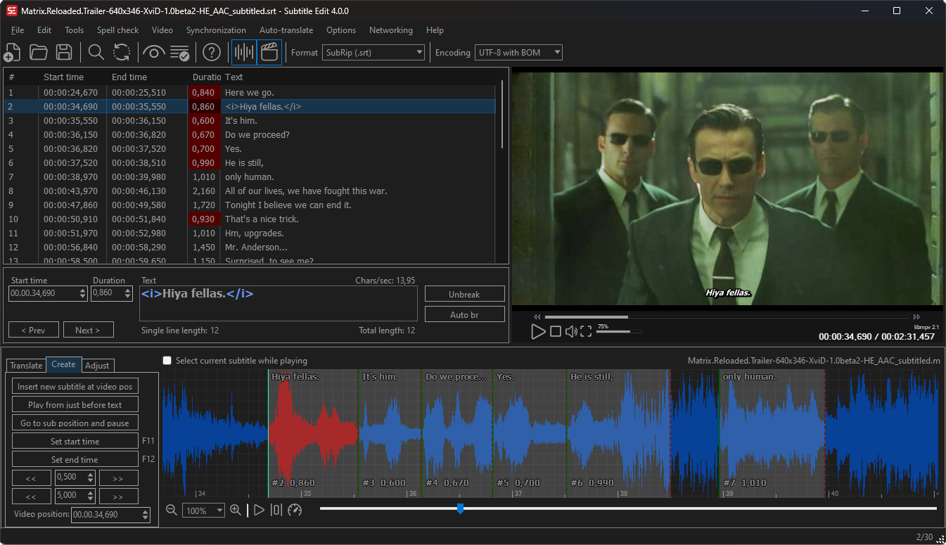 Subtitle Edit dark theme with spectrogram audio analysis and subtitle timing