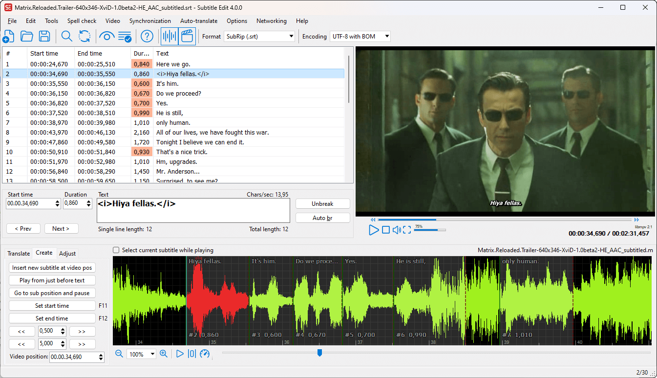 Subtitle Edit main window showing subtitle list, video preview panel, and audio waveform visualization